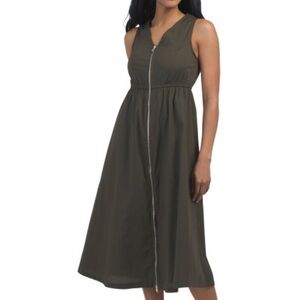 MIAN OLIVE GREEN UTILITY STYLE ZIP FRONT MIDI DRESS! New! L